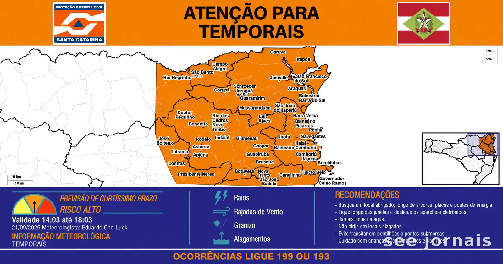 Defesa Civil emite alerta de temporal com risco alto para Apiúna e Ascurra